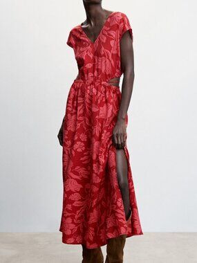 NWT Mango Side Slit Dress size 2 / XS - Floral Tropical Print Red Burgundy